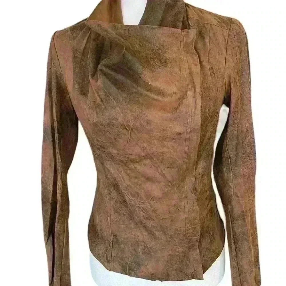 ZARA Woman’s Brown Faux Suede Leather Jacket Moto Zip Up Size Small​